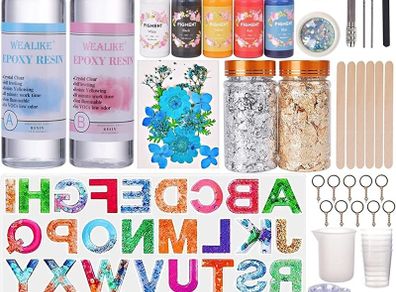 Resin Kit,Resin Kits for Beginners with Alphabet Moulds,Resin,Pigments,Dried Flowers,Gold Foil Flakes,Chunky Glitter,Hand Drill and Accessories for Resin Keyring Making (FREE POSTAGE)