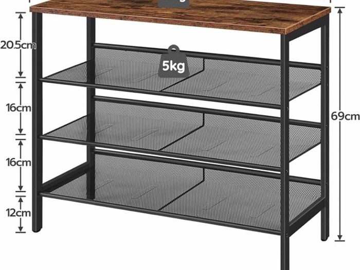 4-Tier Shoe Rack, Industrial Shoe Storage Organizer with 3 Adjustable Mesh Shelves, Metal Frame, Strong and Durable, Ideal for Entryway, Living Room, Bedroom, Hallway, Rustic Brown