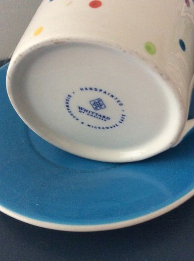 A Large Whittard of Chelsea  Tankard Mug " A Short Back and Sides - A Quick Trim" and a blue polka dot tea cup and matching saucer