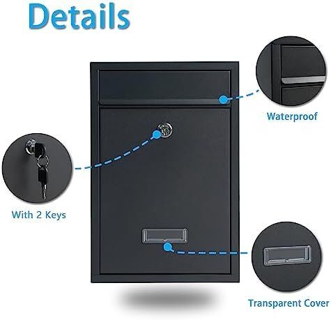 Post Boxes Wall Mounted Waterproof, Steel Mail Box with 2 Keys, Lockable Weatherproof Large Letter