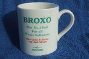 BROXO (Carrigaline Pottery) - a promotional mug issued by MacCann &amp; Byrne of Athboy, County Meath for Broxo water-softener salts (late 1970s)
