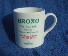 BROXO (Carrigaline Pottery) - a promotional mug issued by MacCann & Byrne of Athboy, County Meath for Broxo water-softener salts (late 1970s)