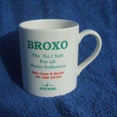 BROXO (Carrigaline Pottery) - a promotional mug issued by MacCann & Byrne of Athboy, County Meath for Broxo water-softener salts (late 1970s)