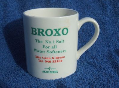 BROXO (Carrigaline Pottery) - a promotional mug issued by MacCann & Byrne of Athboy, County Meath for Broxo water-softener salts (late 1970s)