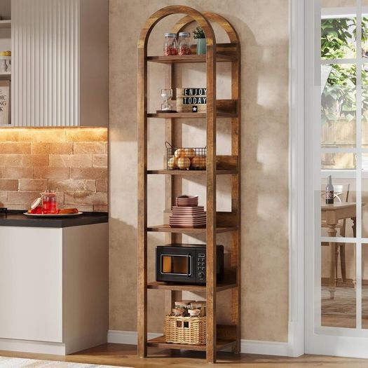 6 Tier Slim Bookcase 71 Inch Tall Arched Bookcase with Shelves for Small Space Narrow Display Shelf Wood Open Storage Shelf