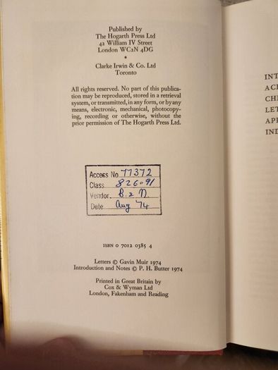 Selected Letters Of Edwin Muir. Edited By P. J. Butter. First Edition Hardback With Dustjacket In Good Condition. 38.