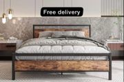 5ft King Bed Frame with Wooden Headboard,Heavy Duty Metal Platform Bed Frame King Bed Base No Box Spring Needed,Metal Slats Support Underbed Storage Space,Brown,150x200cm