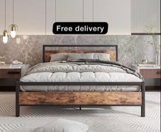 5ft King Bed Frame with Wooden Headboard,Heavy Duty Metal Platform Bed Frame King Bed Base No Box Spring Needed,Metal Slats Support Underbed Storage Space,Brown,150x200cm