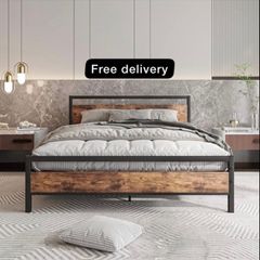 5ft King Bed Frame with Wooden Headboard,Heavy Duty Metal Platform Bed Frame King Bed Base No Box Spring Needed,Metal Slats Support Underbed Storage Space,Brown,150x200cm