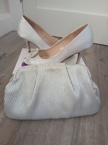 Red Dress with matching silver shoes and bag