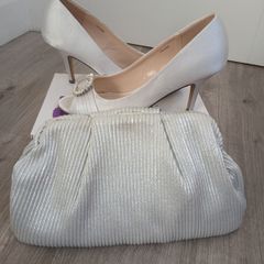 Red Dress with matching silver shoes and bag