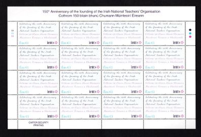 2018 Ireland The 150th Anniversary of the INTO - Irish National Teachers' Organisation Commemorative Stamp Sheetlet Plate 1A1A1A1A  Mint Never Hinged (MNH)