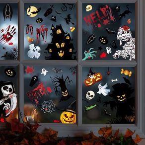 Decorations Window Stickers 164 Pcs / 15 Sheets, Halloween Window Clings Double Side Stickers Reusable Window Decorations Witch Spider Bat Cat Pumpkin Ghost