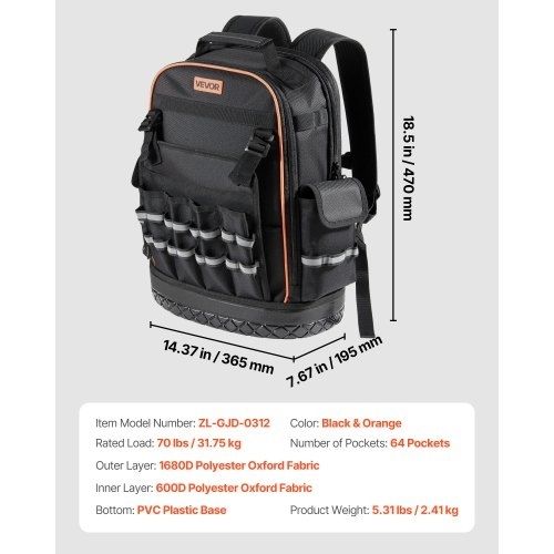 Tool Backpack, 64 Pockets, Heavy-duty Tools Storage Organizer Work Bags with Laptop Compartment & Molded Base, Electrician Jobsite Backpack for Electrician, Repairman, and HVAC Techs
