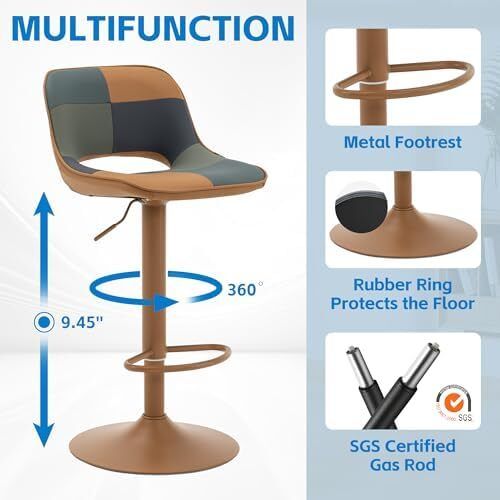 Bar Stools Set of 2, Boho Colorful Patchwork Barstools, Adjustable Swivel Counter Stools Faux Leather Upholstered Counter Chairs with Hollow Back, Bar Chair for Kitchen Island, Tan
