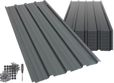 14-Pack Corrugated Metal Roofing Sheets Anthracite - Galvanised Steel Waterproof Rust-Resistant Heavy Duty Panels 110x46cm for Shed Outbuilding Shelter Roof Repair