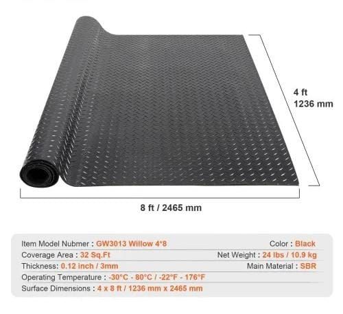 Diamond-Plate Rubber Flooring Roll, 3 mm x 4 ft x 8 ft Garage Floor Mat, SBR Rubber Garage Flooring Roll, Easy to Clean, Diamond Plate Rubber Mat for Under Cars, Garage Industry Gym, Black