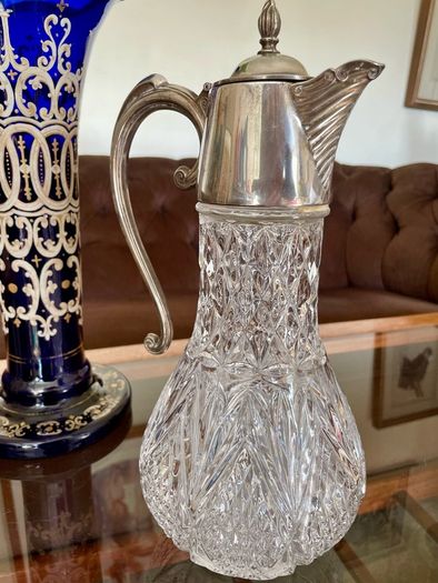 Antique Vintage Silver Plated Crystal Glass Claret Jug Pitcher
