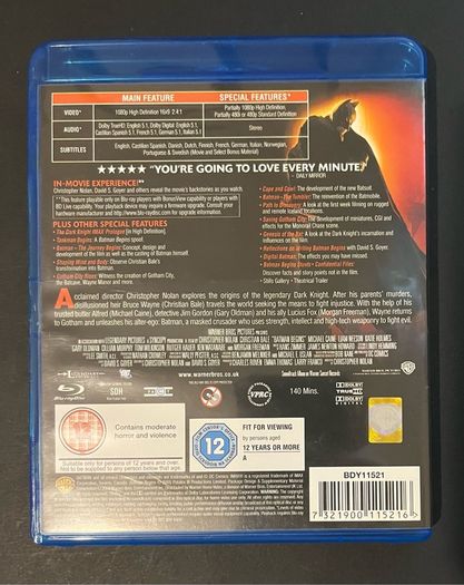 Batman Begins Blue-Ray Movie. Staring Christian Bale, Michael Caine and Liam Neeson