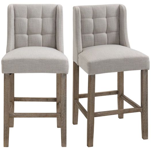 Set of 2 Bar Stools with Button Tufting, Solid Wood, incl. Footrest, 47 cm x 50 cm x 101 cm, Gray + Natural