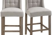 Set of 2 Bar Stools with Button Tufting, Solid Wood, incl. Footrest, 47 cm x 50 cm x 101 cm, Gray + Natural