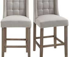 Set of 2 Bar Stools with Button Tufting, Solid Wood, incl. Footrest, 47 cm x 50 cm x 101 cm, Gray + Natural