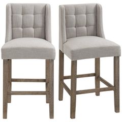 Set of 2 Bar Stools with Button Tufting, Solid Wood, incl. Footrest, 47 cm x 50 cm x 101 cm, Gray + Natural