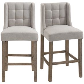 Set of 2 Bar Stools with Button Tufting, Solid Wood, incl. Footrest, 47 cm x 50 cm x 101 cm, Gray + Natural