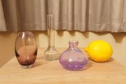 3 Glass bud vases  amethyst, purple &amp; clear