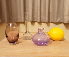 3 Glass bud vases  amethyst, purple & clear