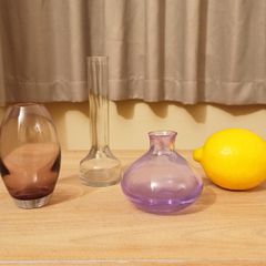 3 Glass bud vases  amethyst, purple & clear