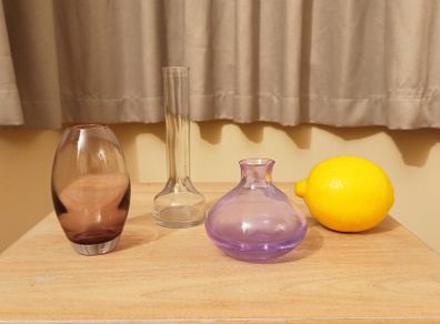 3 Glass bud vases  amethyst, purple & clear