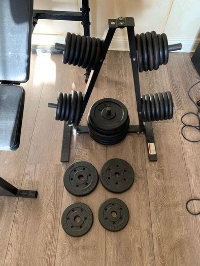 Home Gym, weights, bench, and misc
