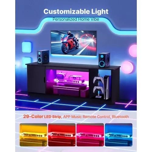 TV Stand for TVs up to 1651 mm, Modern Entertainment Center with Light Strip, Wooden TV Cabinet Storage with Glass Shelf and Adjustable Shelves, Console Table for Living Room and Bedroom, Black