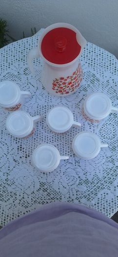 Vintage  1970s Arcopal France Milk Glass Jug and Cups Set