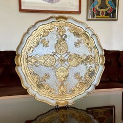 Florentine Carved Gilded Wood Circle Tray, Made in Italy