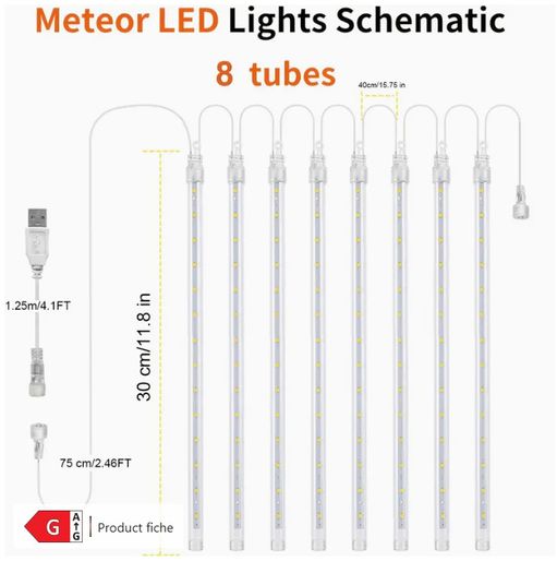 Ice Blue & white tubes meteor shower lights USB power supply