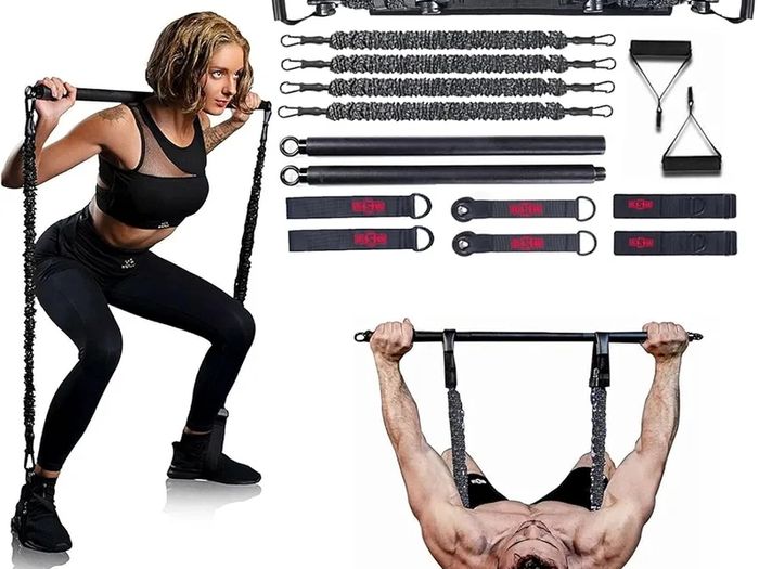 Portable Home Gym Set with Workout Bar, Bench Press Set, Squat Resistance Band, Door Anchor and More-Full Body Workout Equipment to Build Muscle and Shape Body