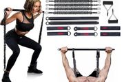 Portable Home Gym Set with Workout Bar, Bench Press Set, Squat Resistance Band, Door Anchor and More-Full Body Workout Equipment to Build Muscle and Shape Body