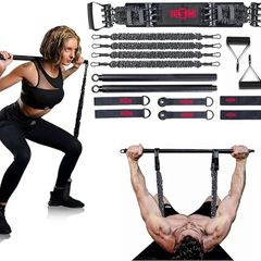 Portable Home Gym Set with Workout Bar, Bench Press Set, Squat Resistance Band, Door Anchor and More-Full Body Workout Equipment to Build Muscle and Shape Body