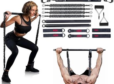 Portable Home Gym Set with Workout Bar, Bench Press Set, Squat Resistance Band, Door Anchor and More-Full Body Workout Equipment to Build Muscle and Shape Body
