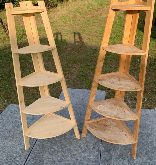 Pair of Tall Solid Wood Corner Shelving Units
