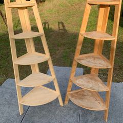 Pair of Tall Solid Wood Corner Shelving Units