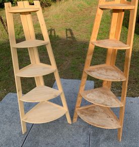 Pair of Tall Solid Wood Corner Shelving Units
