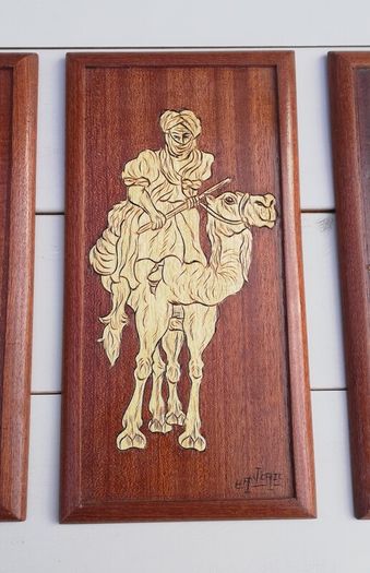 3 vintage handcrafted wooden wall plaques with inlaid wood design middle east or Asian style