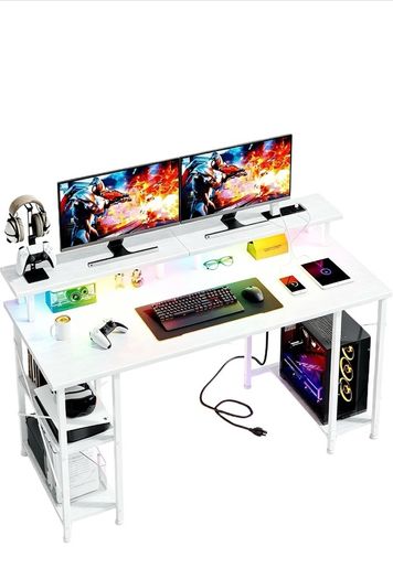 120x50cm Gaming Desk with LED Lights & Power Outlets,White Storage Shelves, Dual Monitor Stand, Home Office & Study, Work from Home, Bedroom, Small Spaces, Dorm, Space-Saving, Students