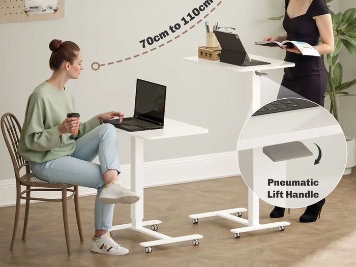 Height Adjustable Standing Desk, Pneumatic Sit Stand Desk for Laptop, Mobile Overbed Table with Wheels for Home Office, White