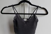 Pull&amp;Bear Black Ribbed Strappy Top with Lace Trim