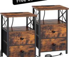 Bedside Table with Charging Station, Bedside Cabinet Set of 2,