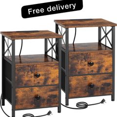 Bedside Table with Charging Station, Bedside Cabinet Set of 2,